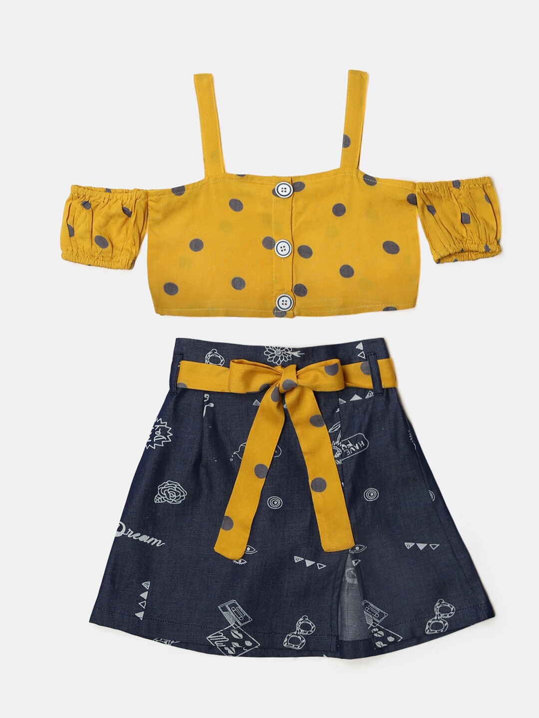 

Hopscotch Girls Yellow & Navy Blue Printed Top with Skirt