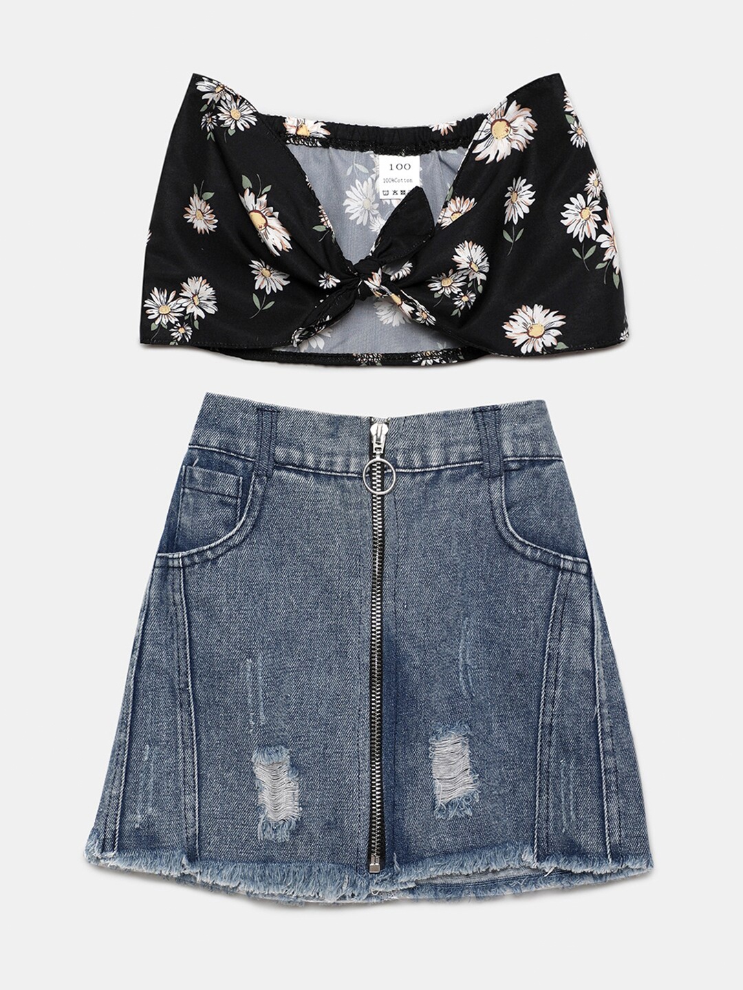 

Hopscotch Girls Black & Blue Floral Printed Top with Skirt