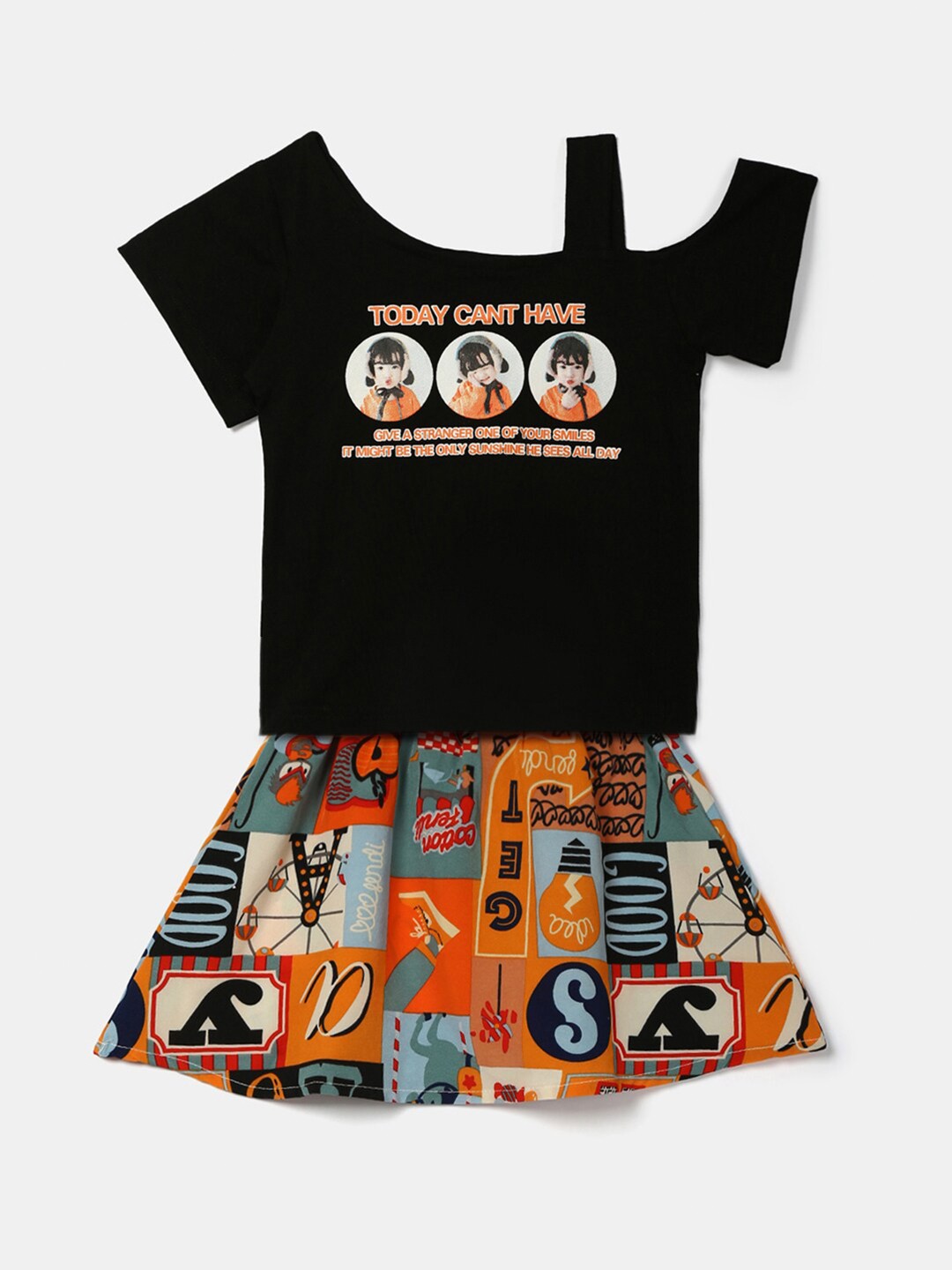 

Hopscotch Girls Black & Orange Printed Top with Skirt