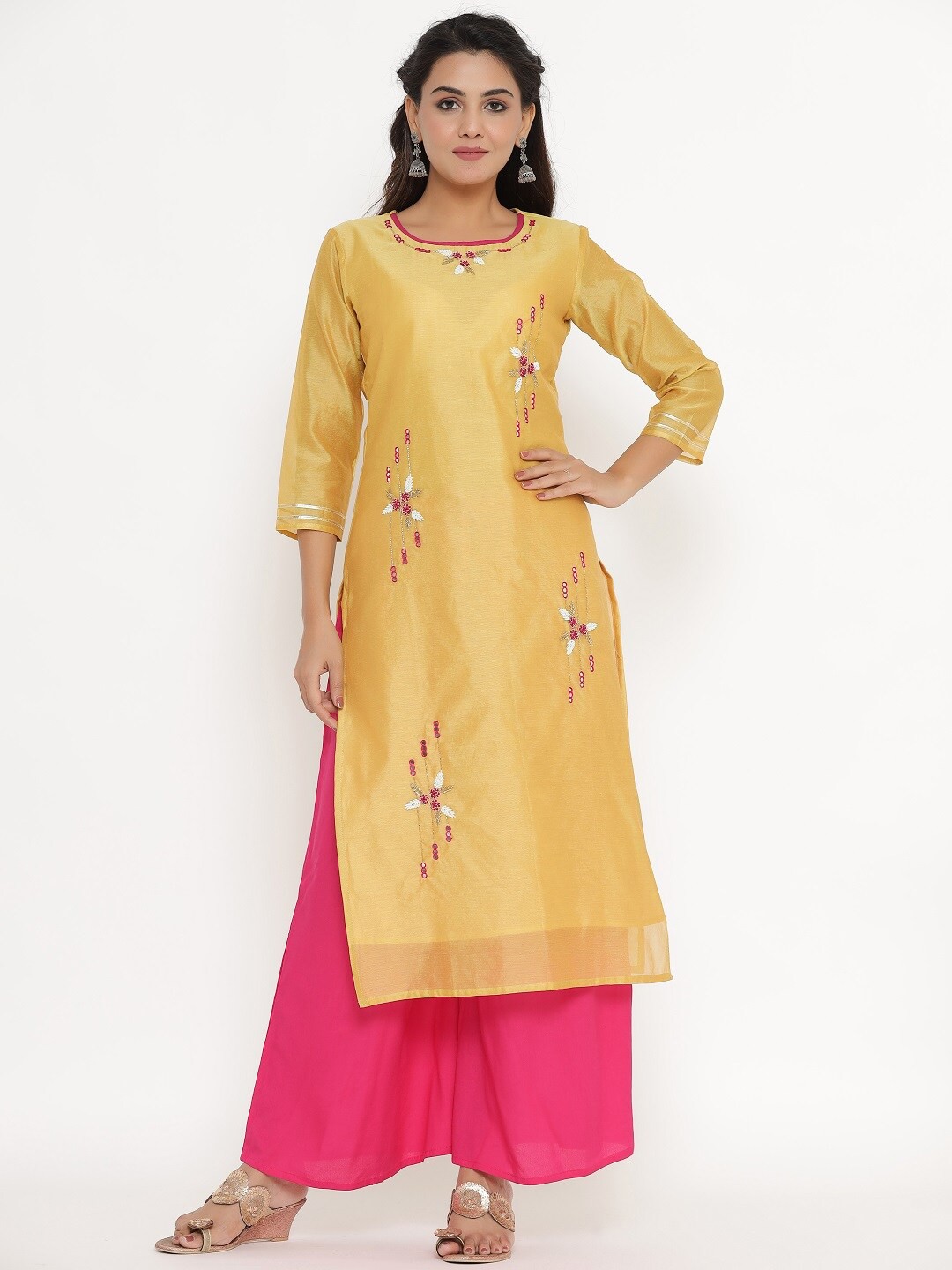 

VEDANA Woman Mustard Yellow Floral Embroidered Thread Work Chanderi Silk Kurta
