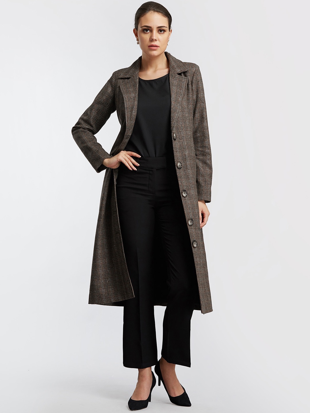 

FableStreet Women Brown Checked Longline Overcoat