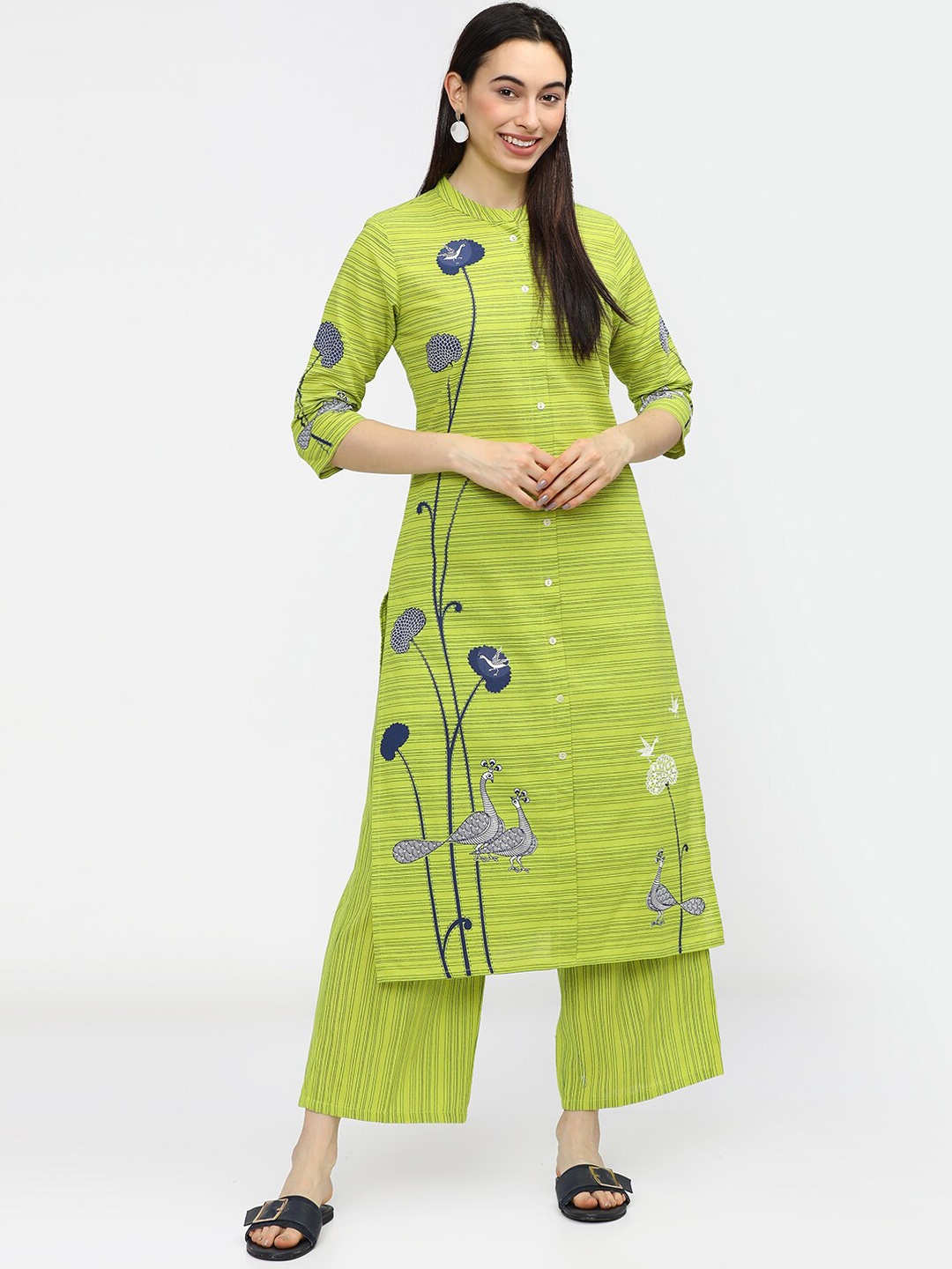 

Vishudh Women Lime Green Floral Printed Pure Cotton Kurta with Palazzos