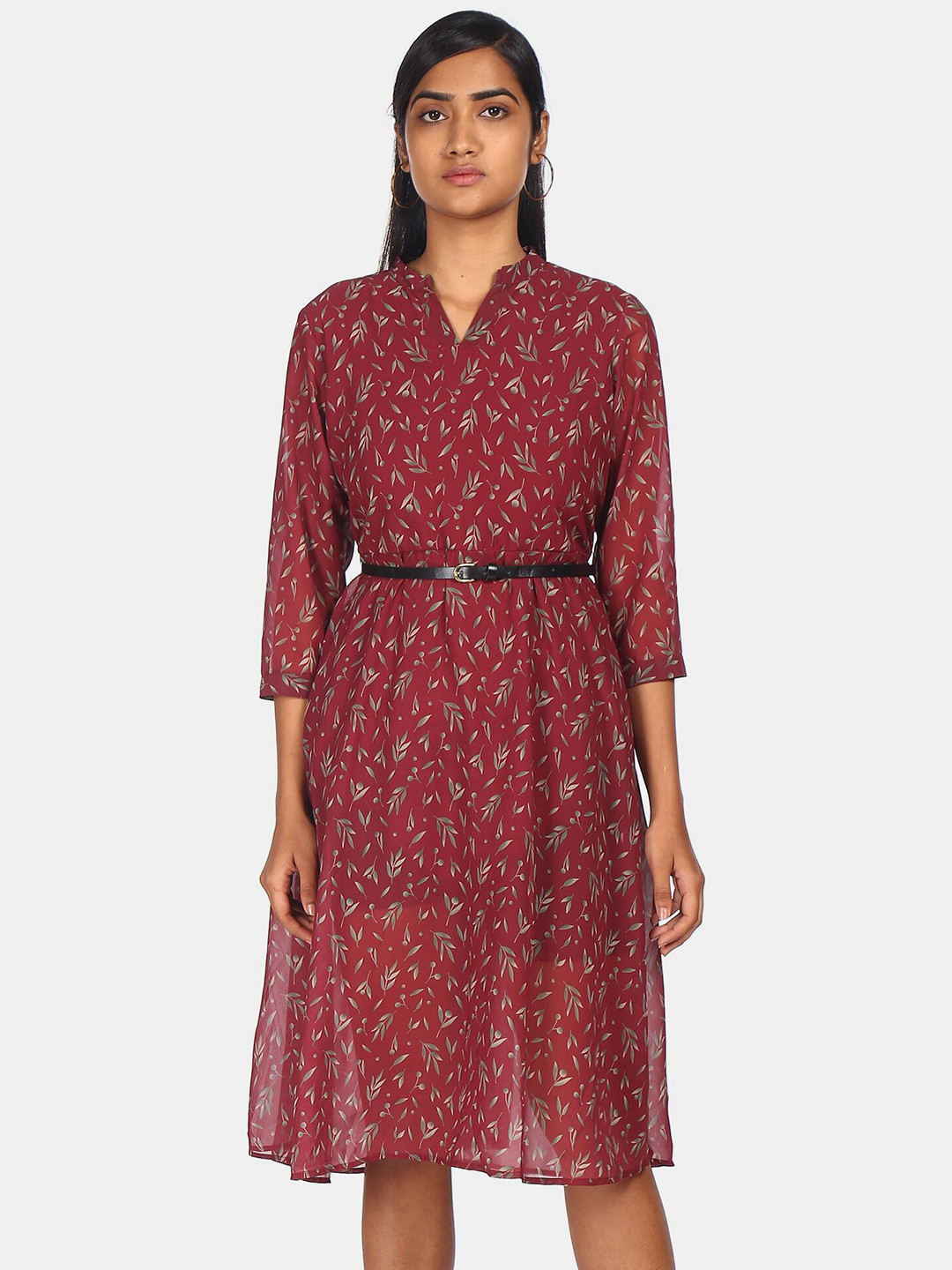 

Flying Machine Women Red & Green Floral Mandarin Collar A-Line Dress