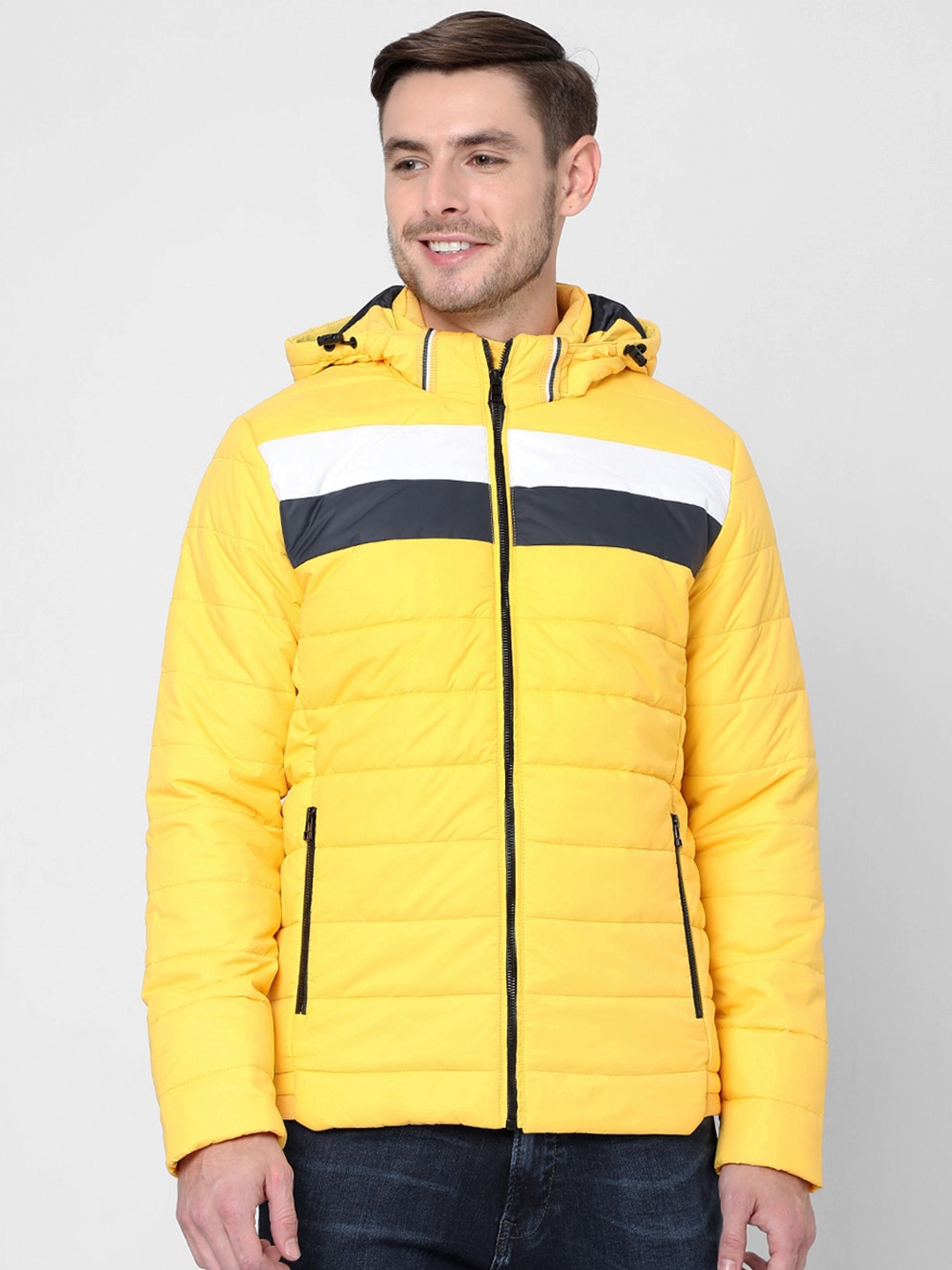 

Mufti Men Yellow White & Black Striped Puffer Jacket
