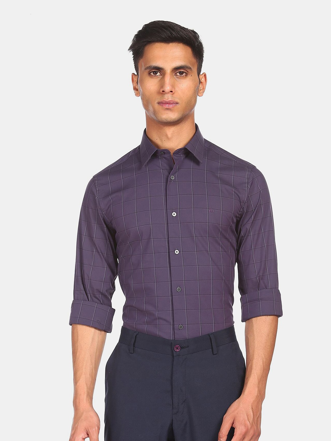 

Arrow New York Men Purple Windowpane Checks Checked Casual Shirt