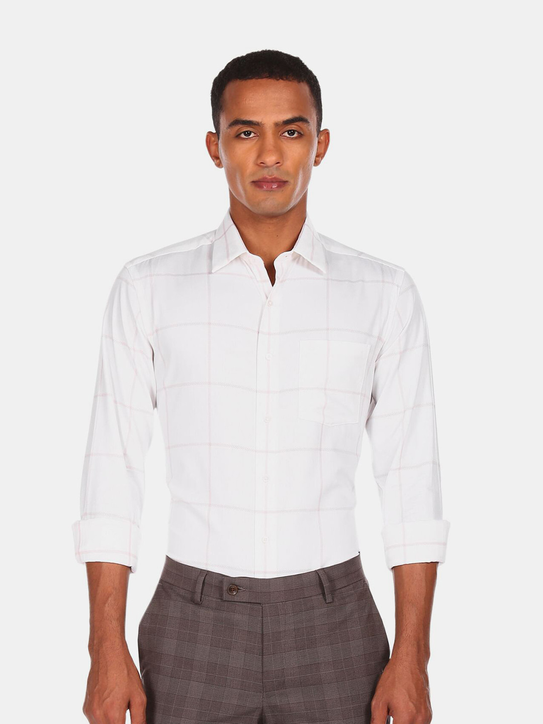 

Arrow New York Men White Slim Fit Windowpane Checks Checked Formal Shirt