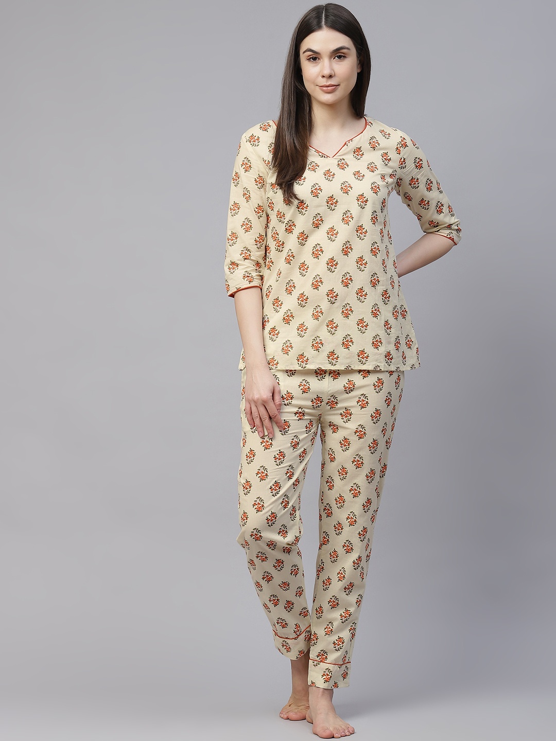 

Fusion Threads Women Cream-Coloured & Orange Pure Cotton Printed Night suit