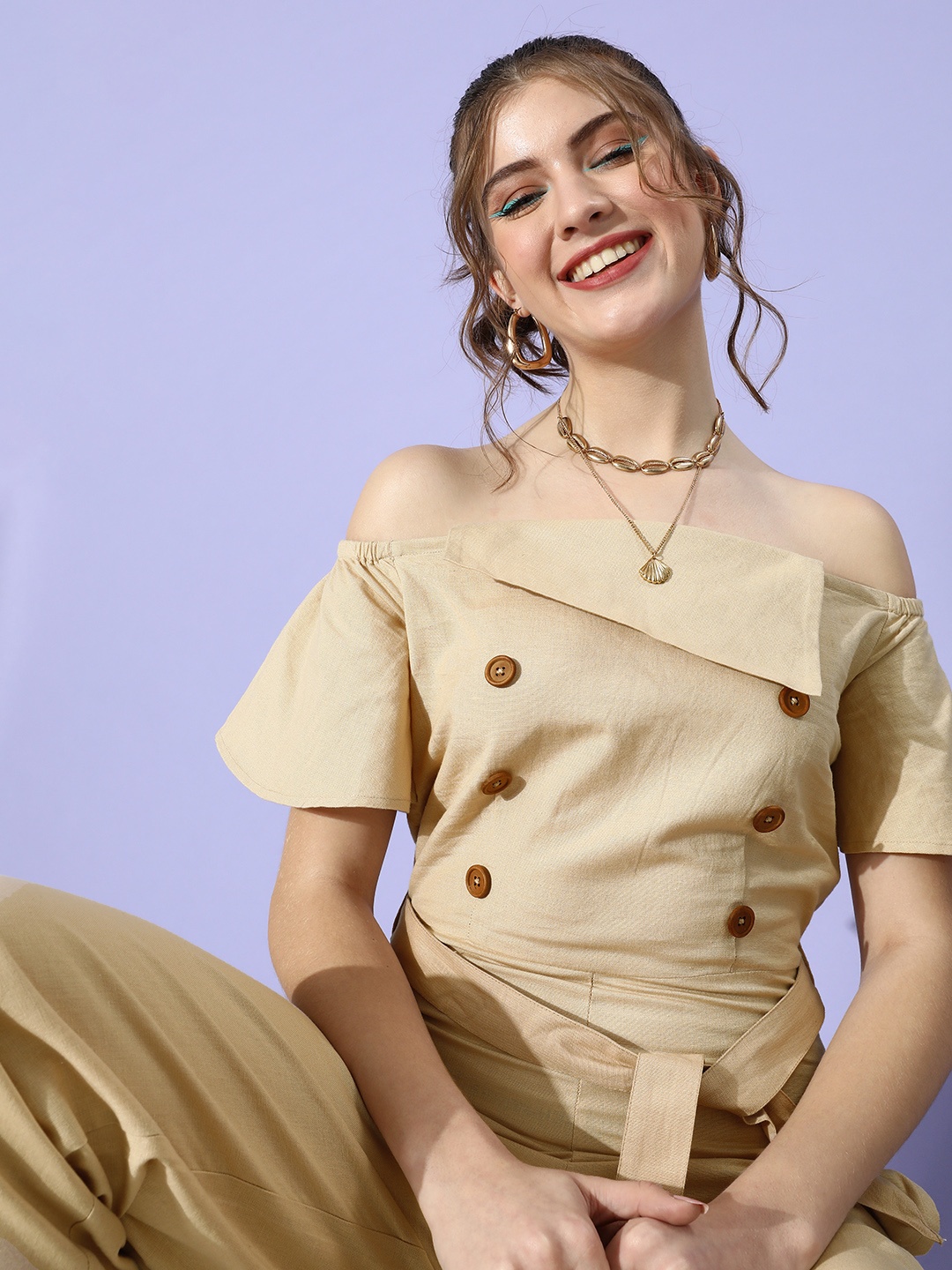 

STREET 9 Women Classy Beige Solid Belted Jumpsuit