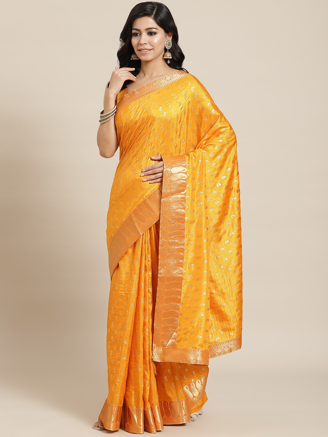 

Chhabra 555 Mustard Yellow Foil Print Paisley Brocade Zari Art Silk Saree