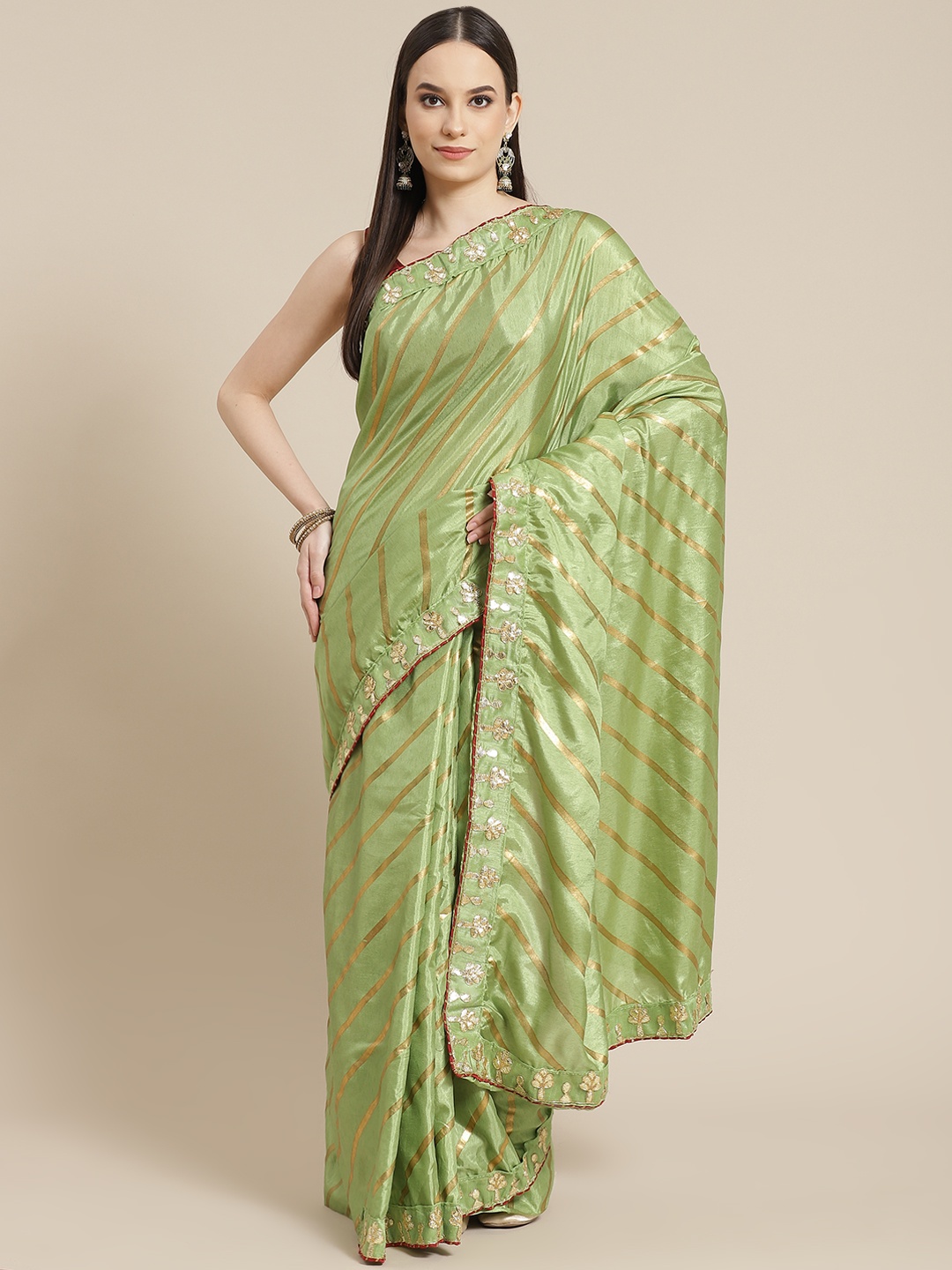 

Chhabra 555 Lime Green Silk Blend Leheriya Saree with Gotta Patti Detail