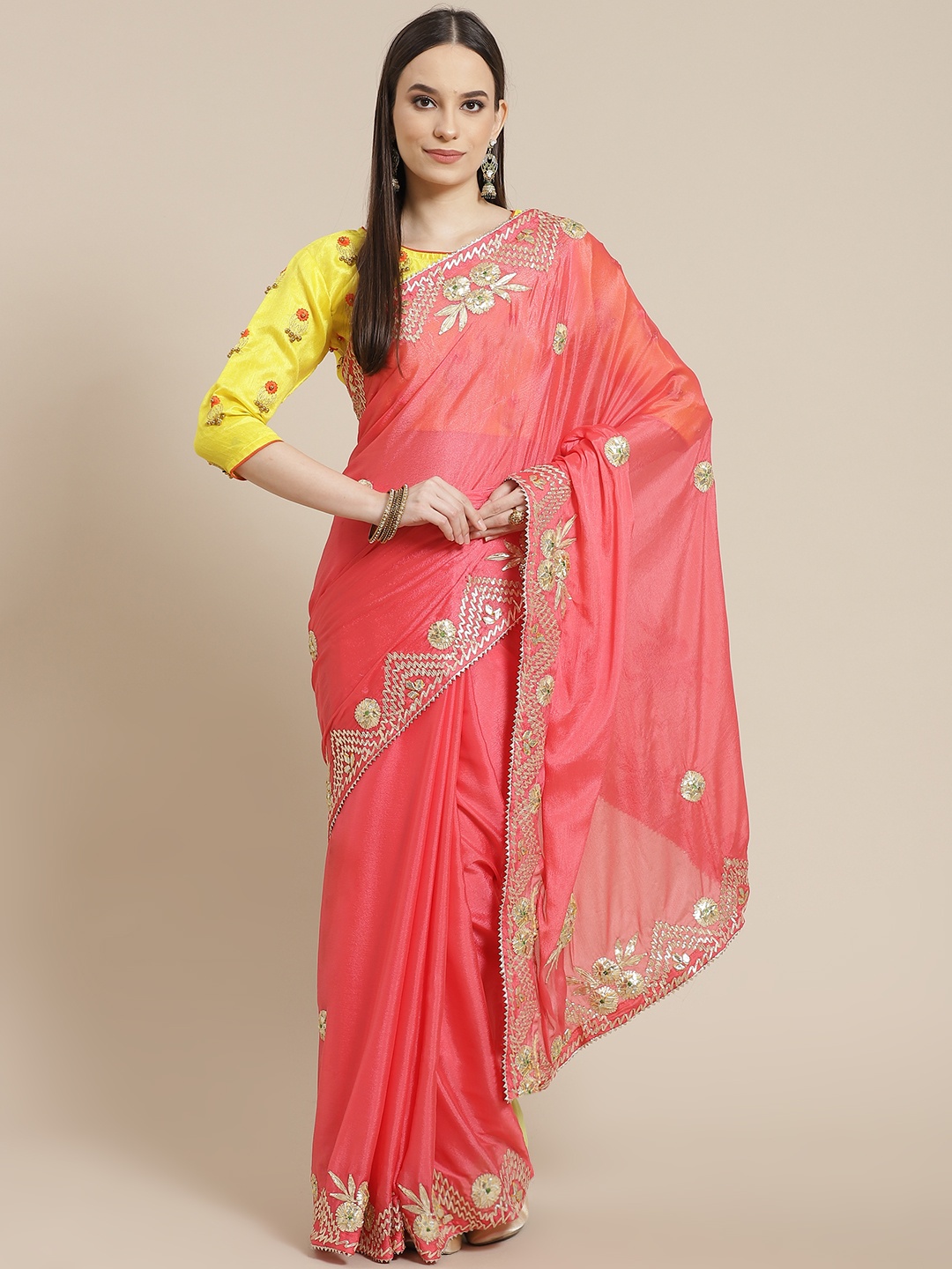 

Chhabra 555 Coral Pink & Yellow Ethnic Motifs Gotta Patti Fusion Saree
