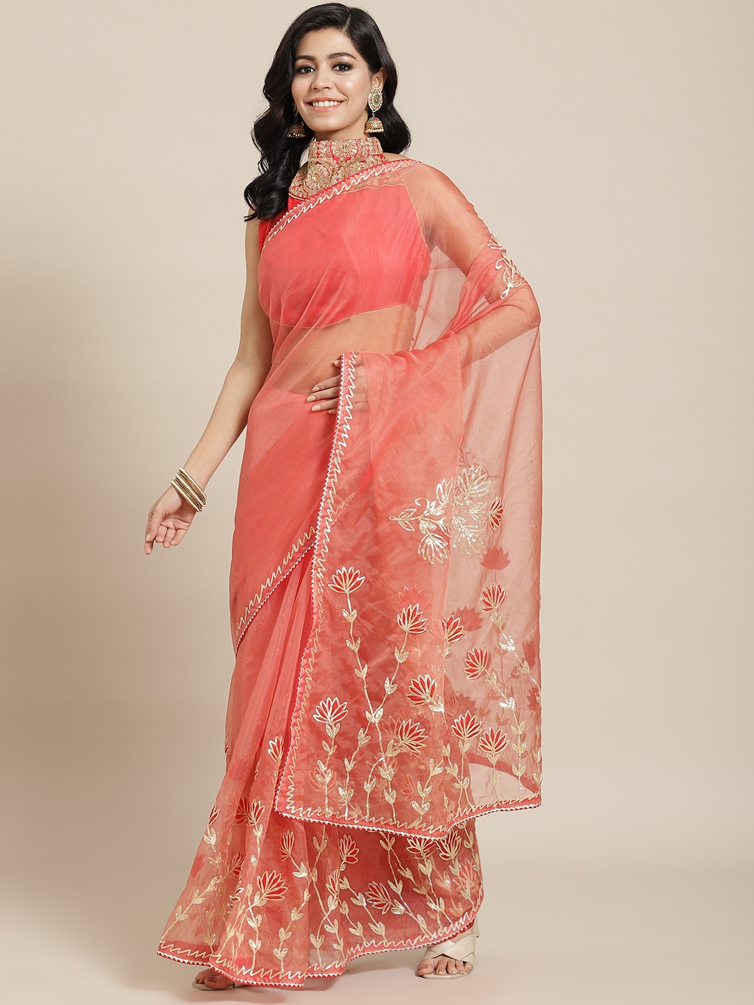 

Chhabra 555 Coral Gotta Patti Jaipuri Resham Embroidery Organza Saree