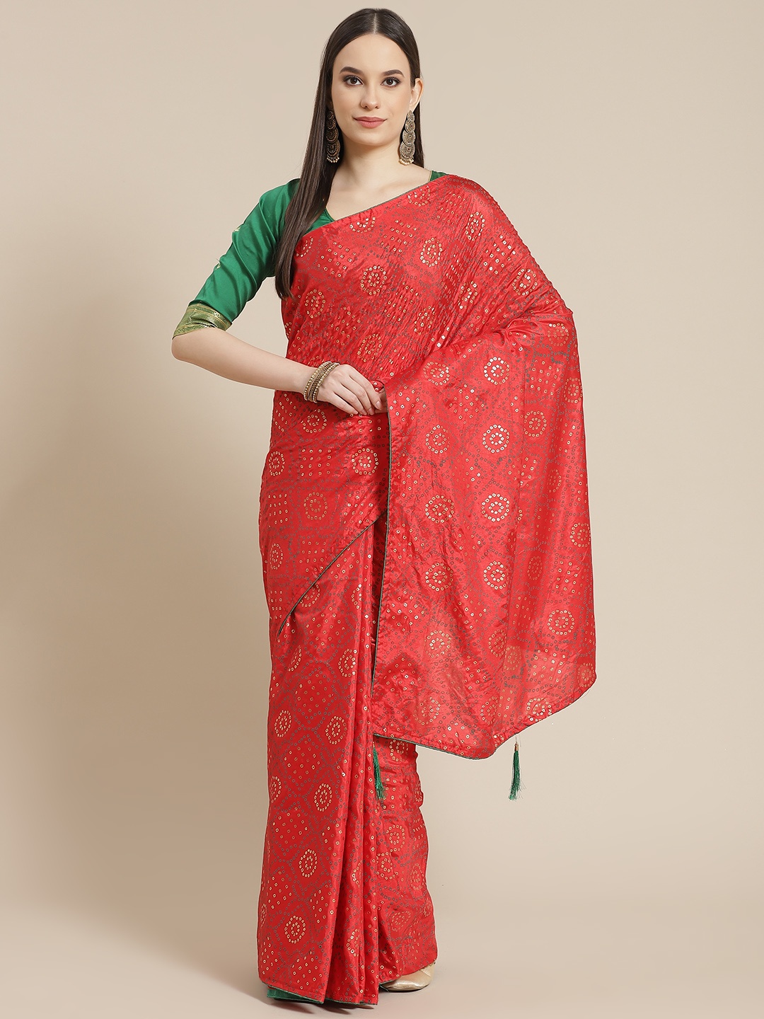 

Chhabra 555 Red & Green Silk Blend Bandhani Saree