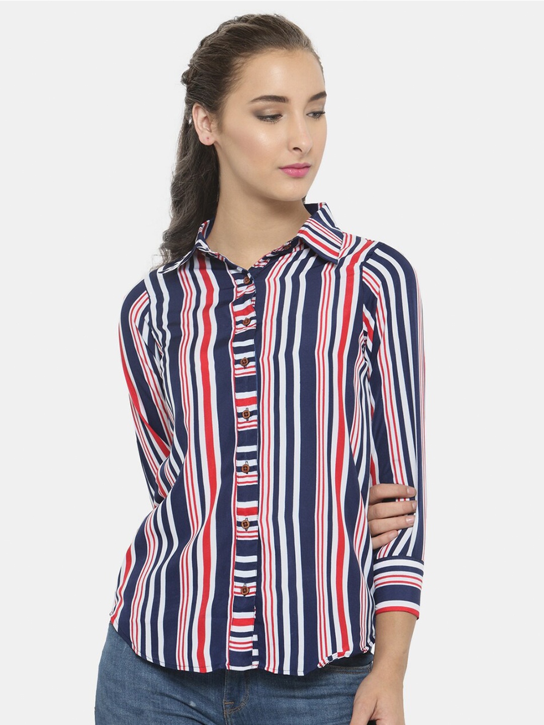 

Enchanted Drapes Women Blue & Red Opaque Striped Casual Shirt