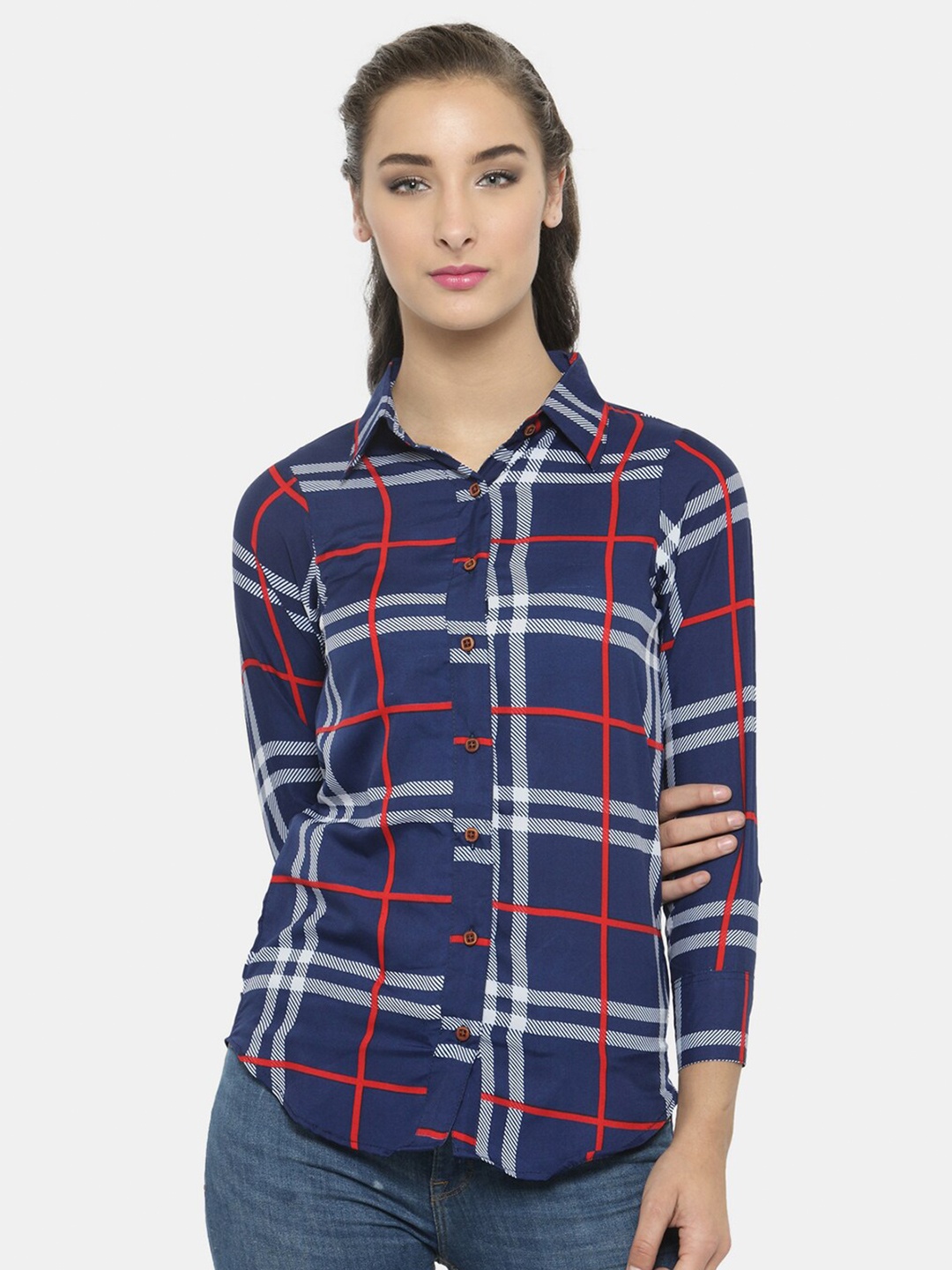 

Enchanted Drapes Women Blue & Red Checked Crepe Casual Shirt