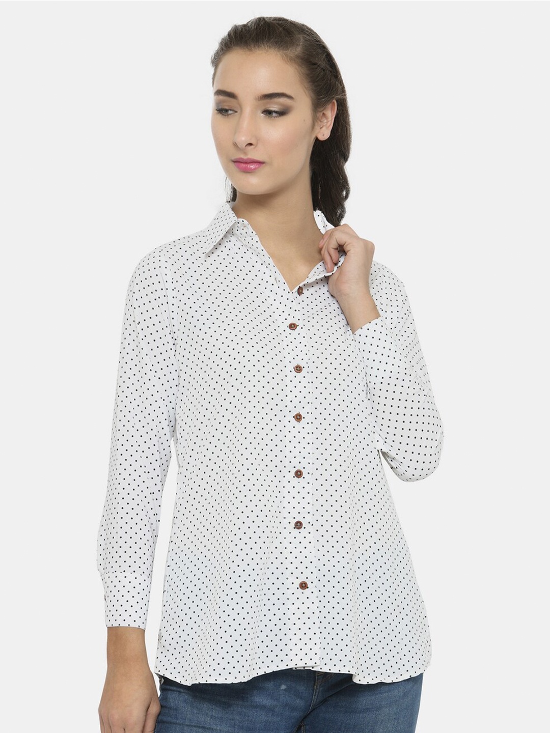 

Enchanted Drapes Women White Polka-Dot Printed Casual Shirt
