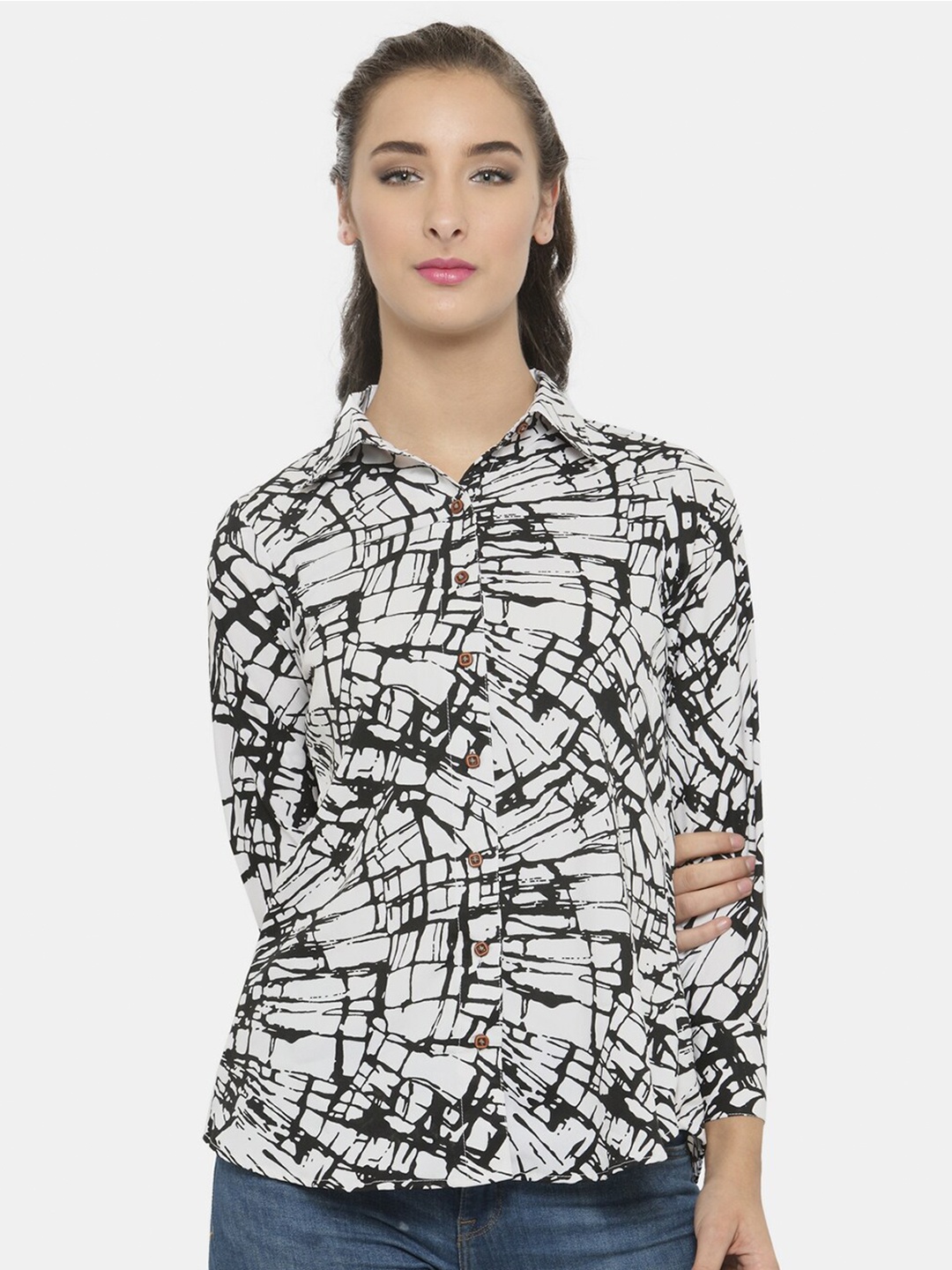 

Enchanted Drapes Women White Printed Crepe Casual Shirt