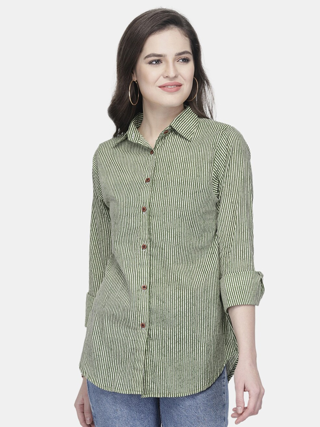 

Enchanted Drapes Women Green Striped Casual Shirt