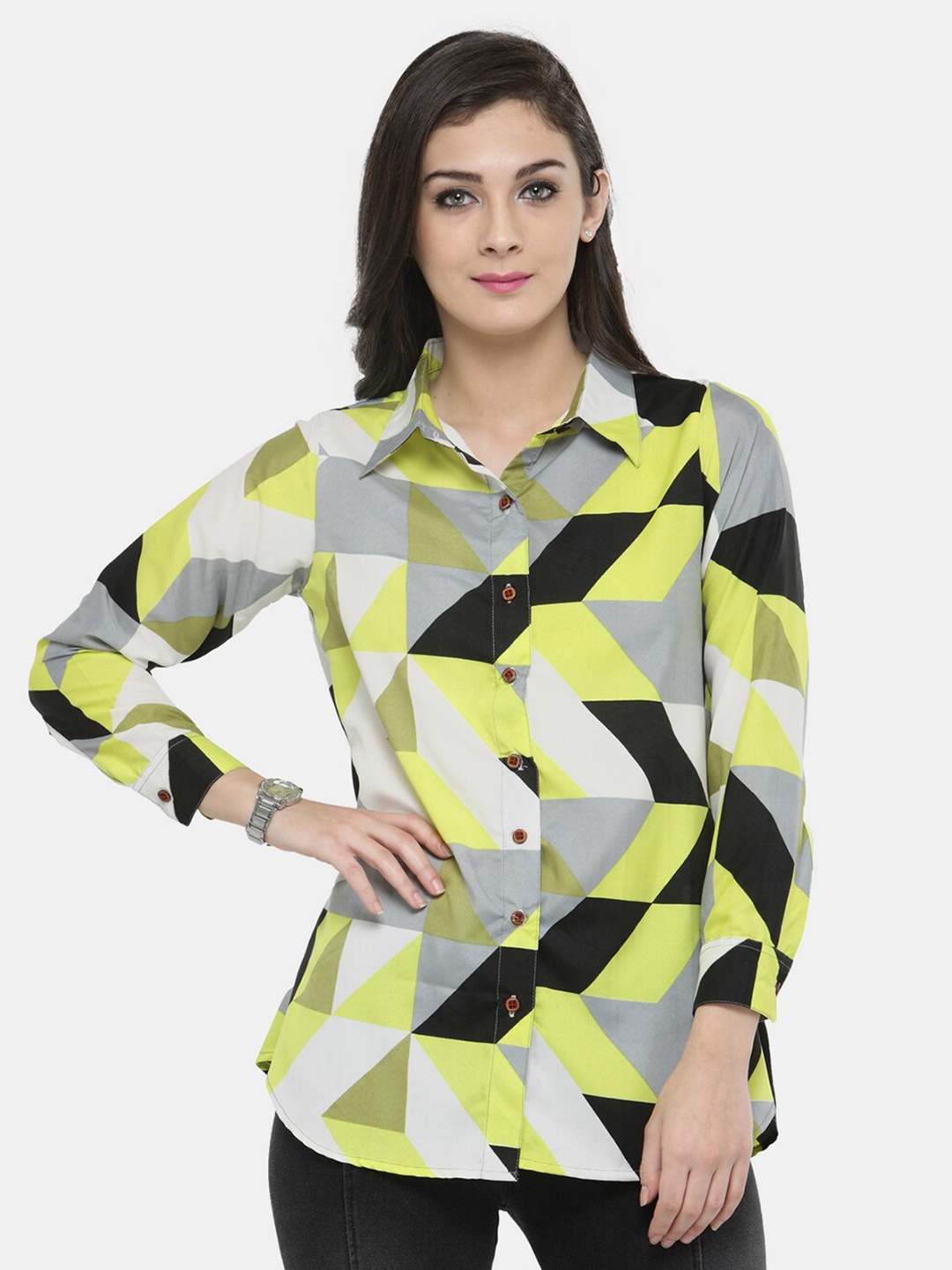

Enchanted Drapes Woman Yellow Geometric Printed Casual Shirt