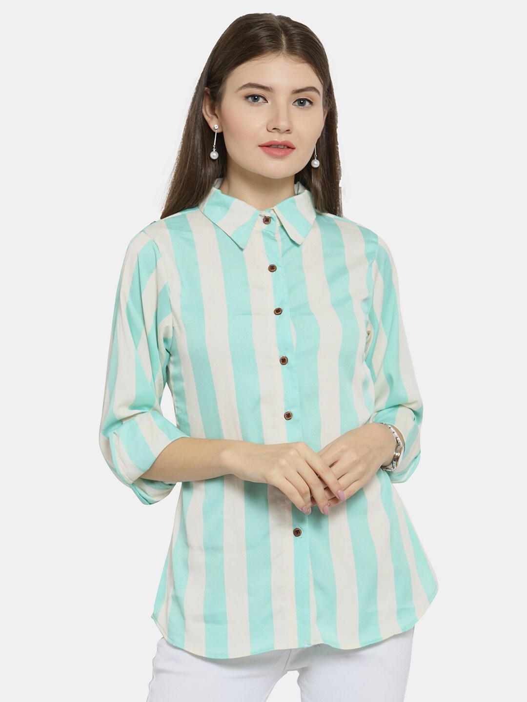 

Enchanted Drapes Woman Green Striped Casual Shirt
