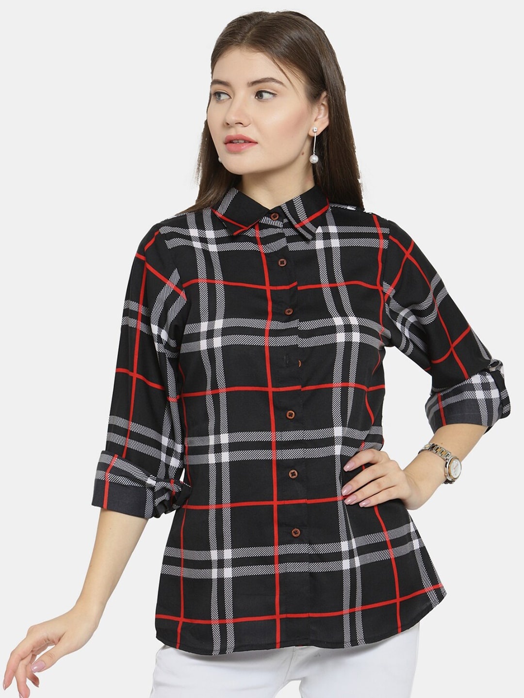 

Enchanted Drapes Women Black & Red Checked Crepe Casual Shirt