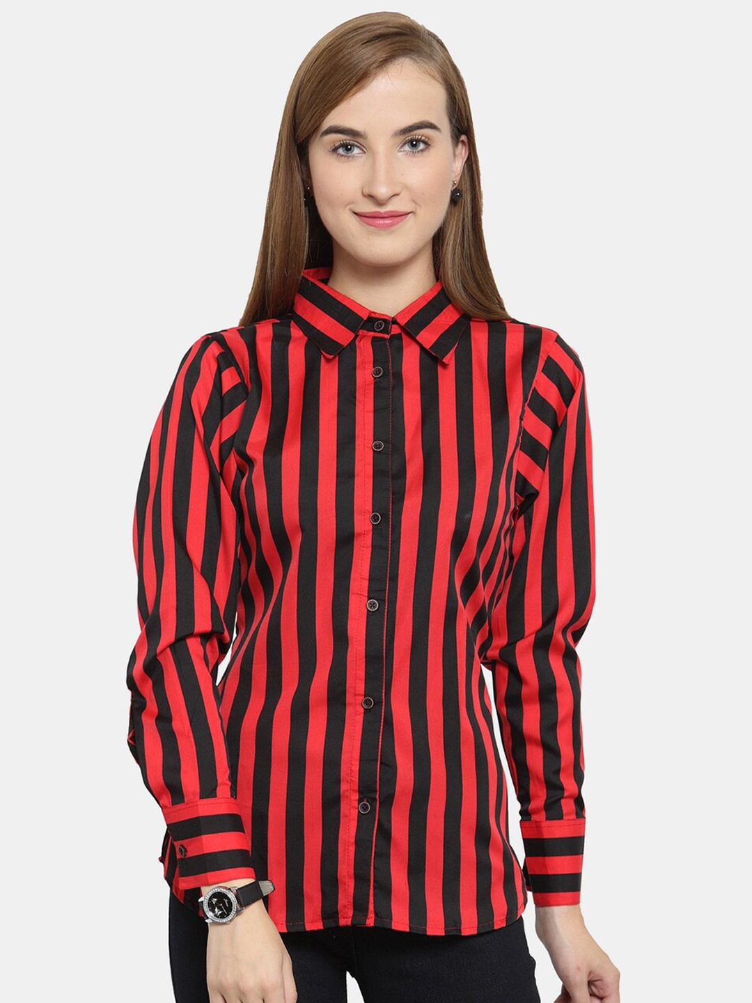 

Enchanted Drapes Woman Red Striped Casual Shirt