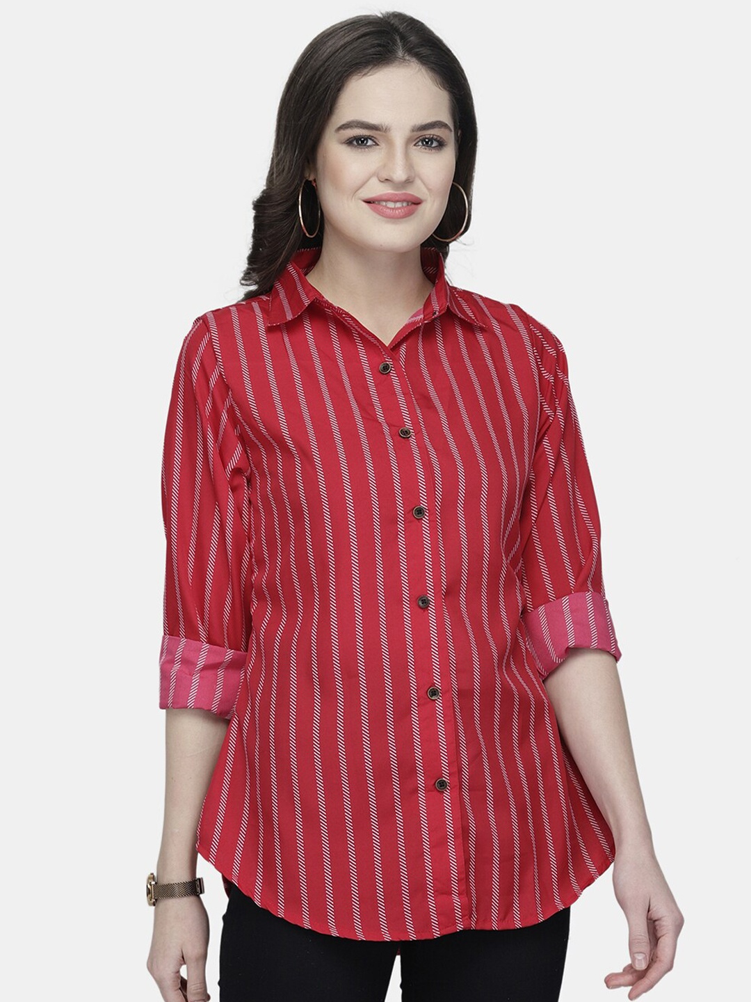 

Enchanted Drapes Women Red Striped Casual Shirt