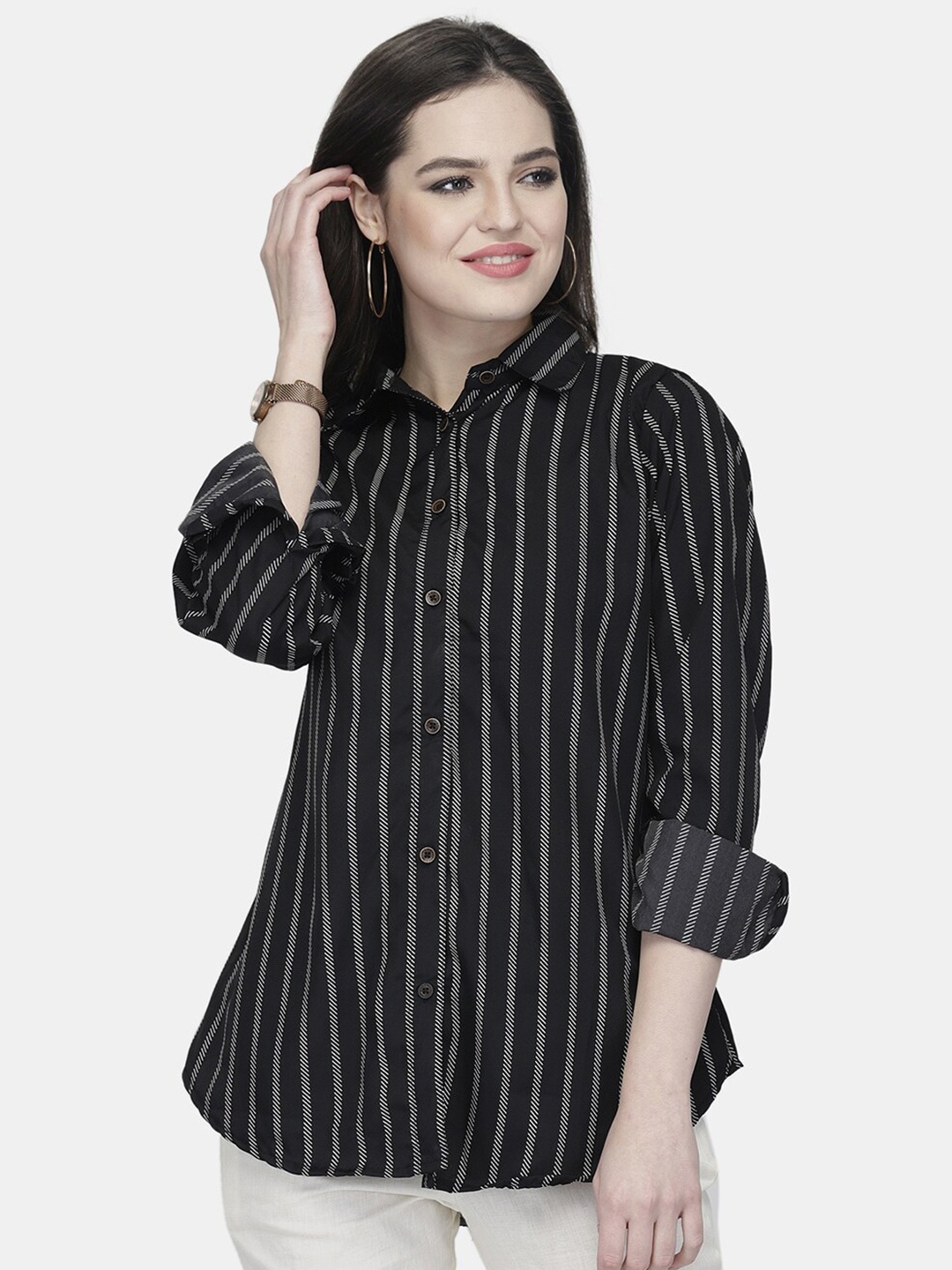 

Enchanted Drapes Women Black Striped Casual Shirt