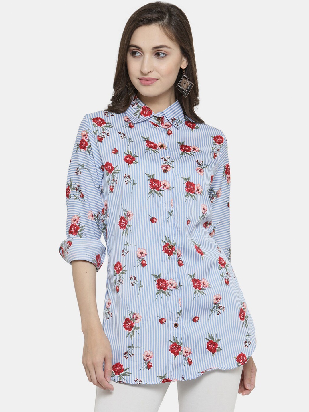 

Enchanted Drapes Women Blue Floral Printed Crepe Casual Shirt