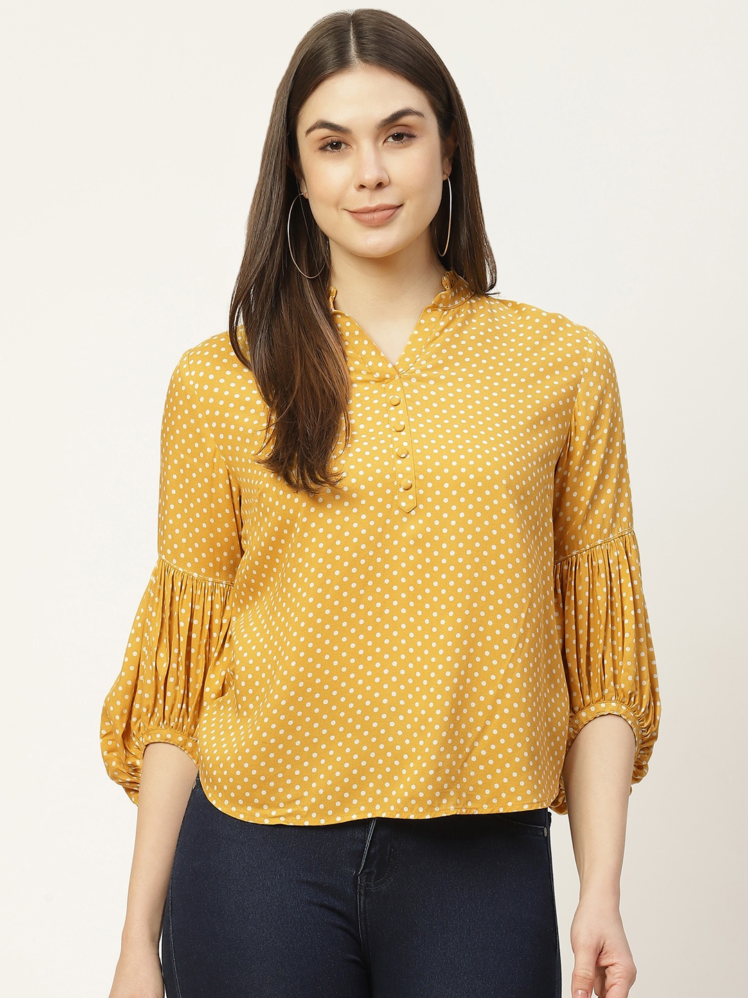 

Ancestry Mustard Yellow & White Polka Dot Print Top