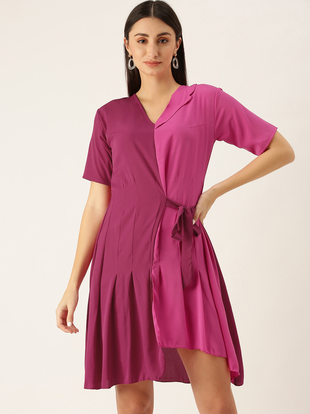 

COUPER & COLL Purple & Pink Colourblocked Crepe A-Line Dress