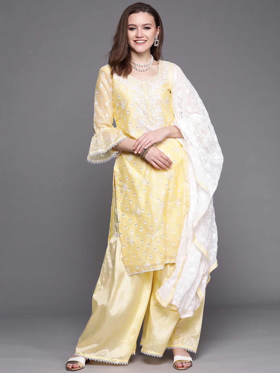 

Chhabra 555 Yellow Foil Chikankari Chanderi Cotton Made to Measure Kurta Palazzos Dupatta