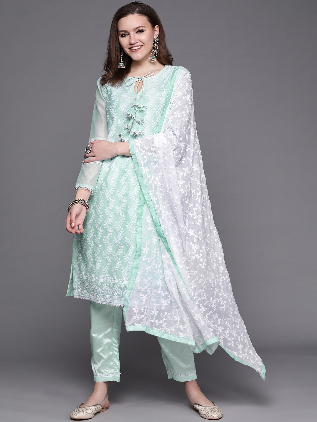 

Chhabra 555 Blue & White Chikankari Made to Measure Chanderi Cotton Kurta Trousers