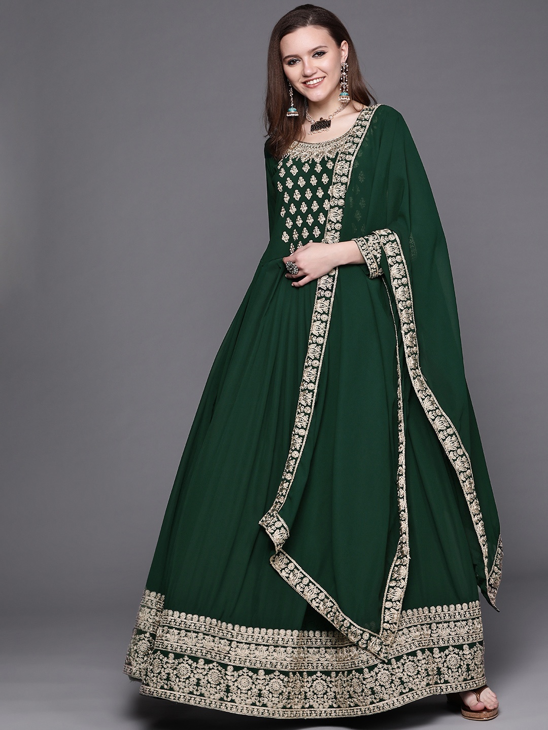 

Chhabra 555 Green & Gold Zari Yoke Design Pleated Made to Measure Kurta Churidar Dupatta