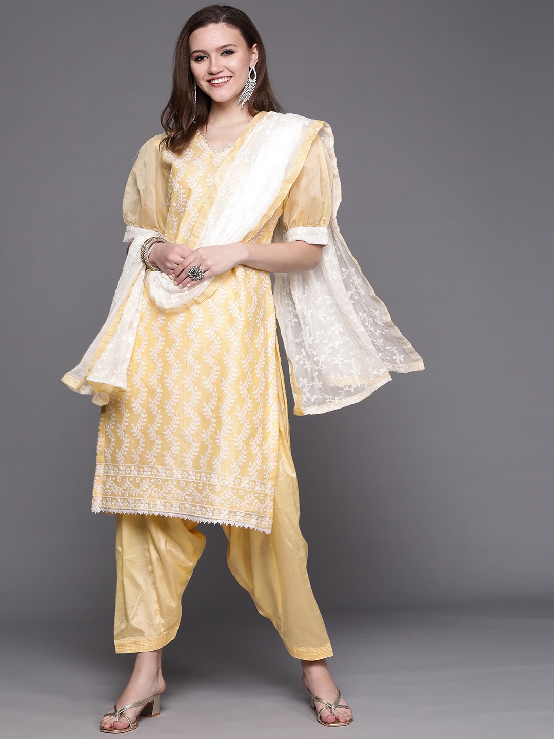 

Chhabra 555 Women Yellow & White Chanderi Cotton Chikankari Made To Measure Kurta Set