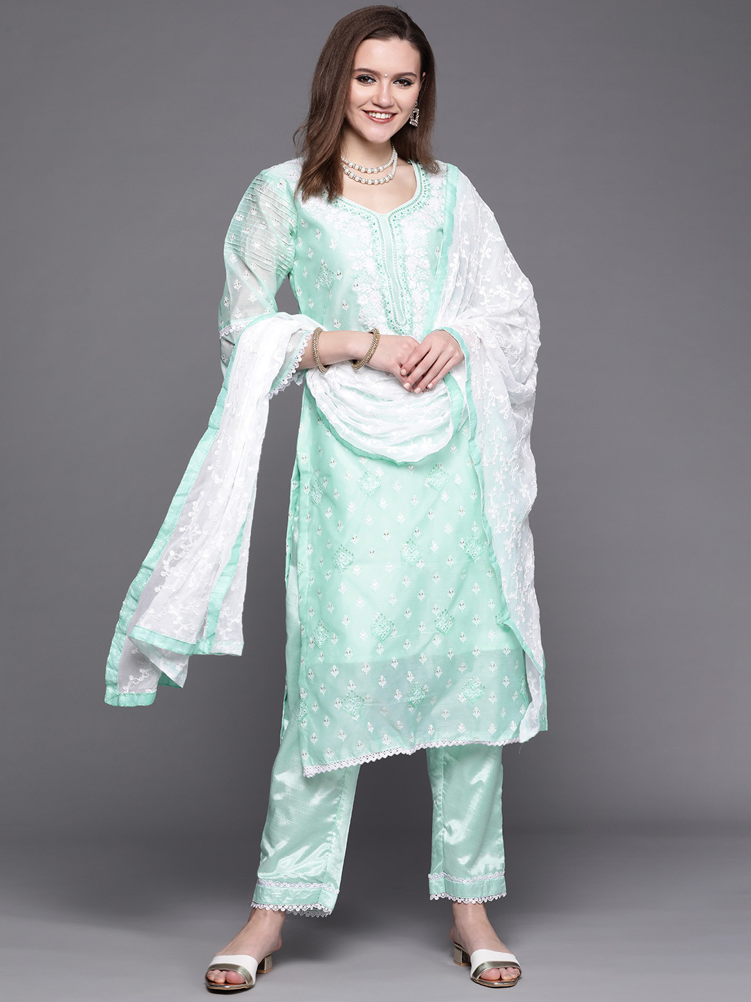 

Chhabra 555 Women Blue & White Chanderi Chikankari Embroidery Made To Measure Kurta Set