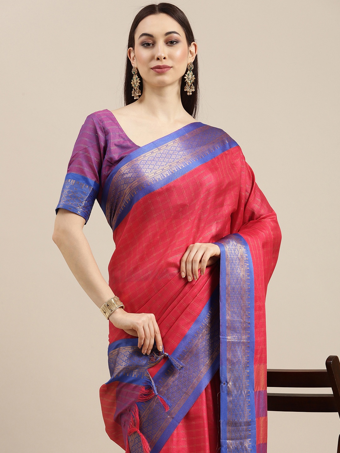 

all about you Red & Blue Ethnic Motifs Zari Saree