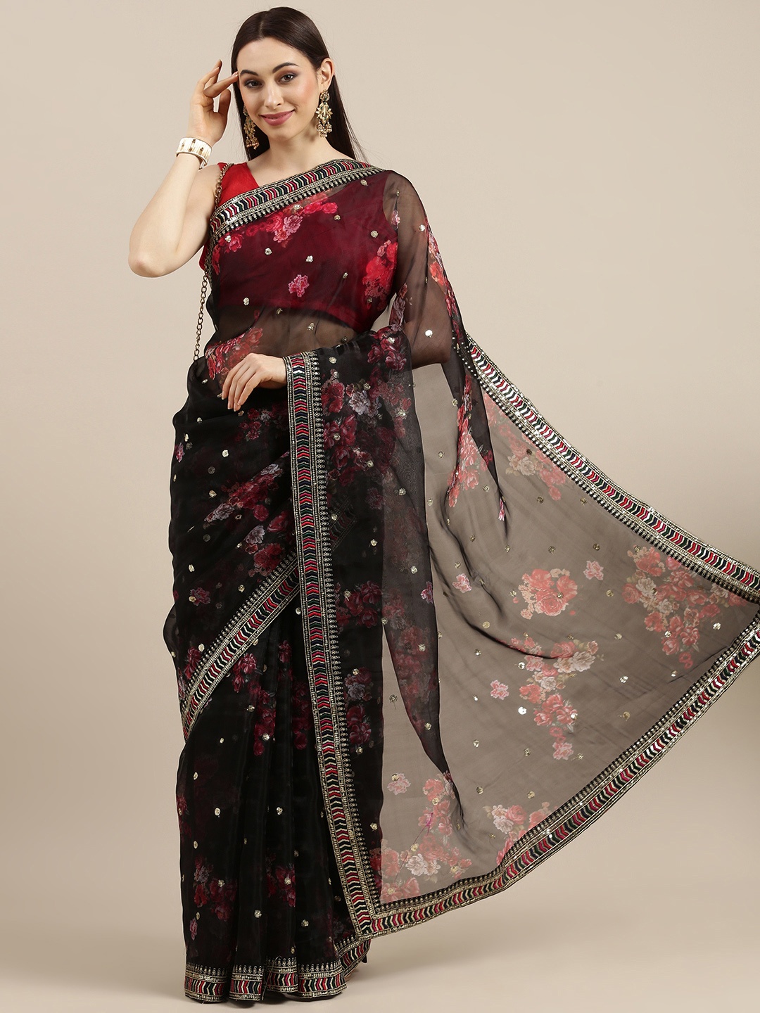 

all about you Black Ethnic Motifs Embroidered Organza Tussar Saree