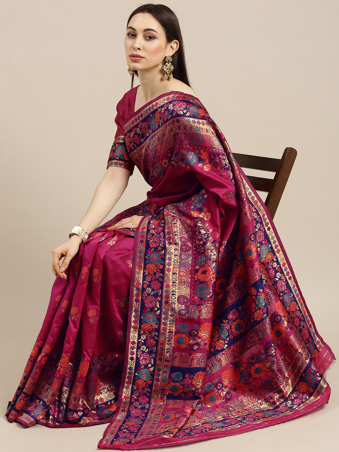 

all about you Pink Floral Zari Brocade Banarasi Saree