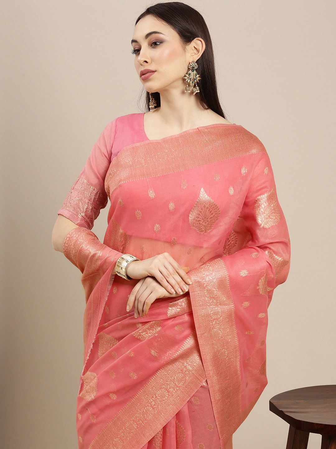 

all about you Peach-Coloured Ethnic Motifs Zari Chanderi Saree