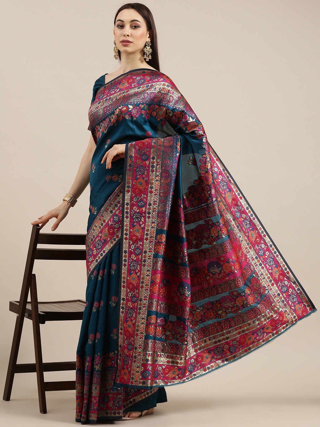 

all about you Navy Blue Floral Zari Brocade Banarasi Saree
