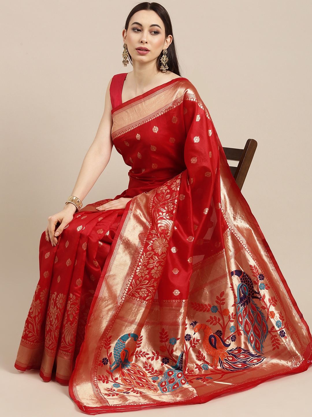 

all about you Red Ethnic Motifs Zari Brocade Banarasi Saree