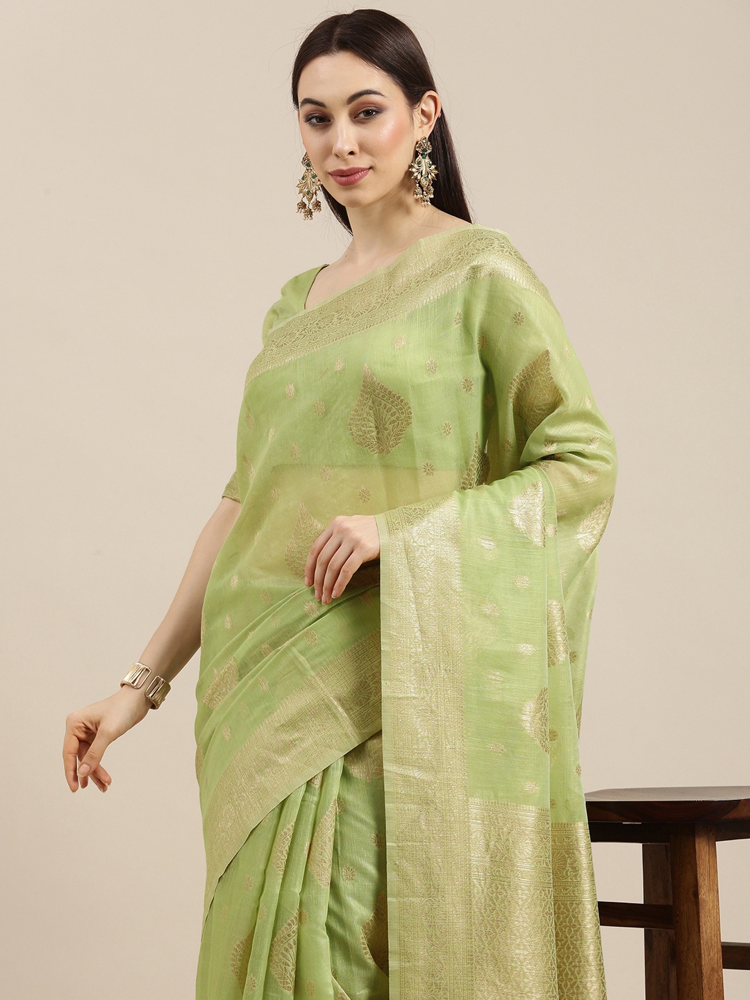 

all about you Green Ethnic Motifs Zari Chanderi Saree