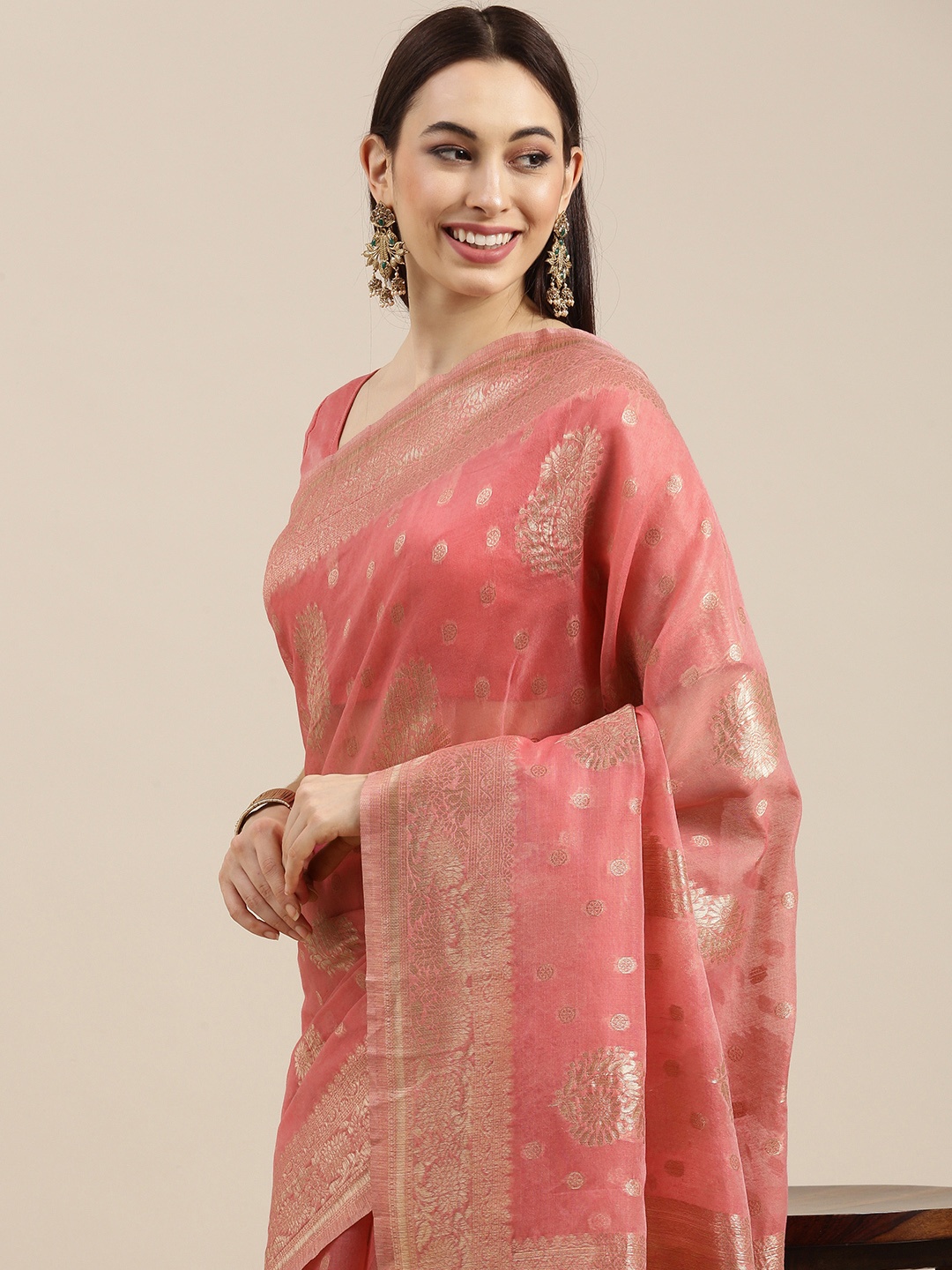 

all about you Peach-Coloured Ethnic Motifs Zari Chanderi Saree