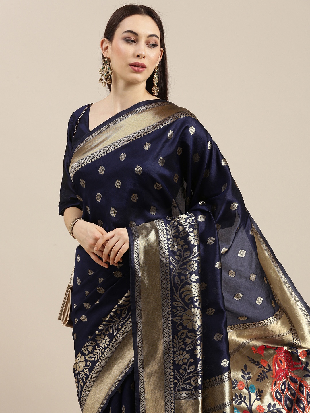 

all about you Navy Blue Ethnic Motifs Zari Brocade Banarasi Saree