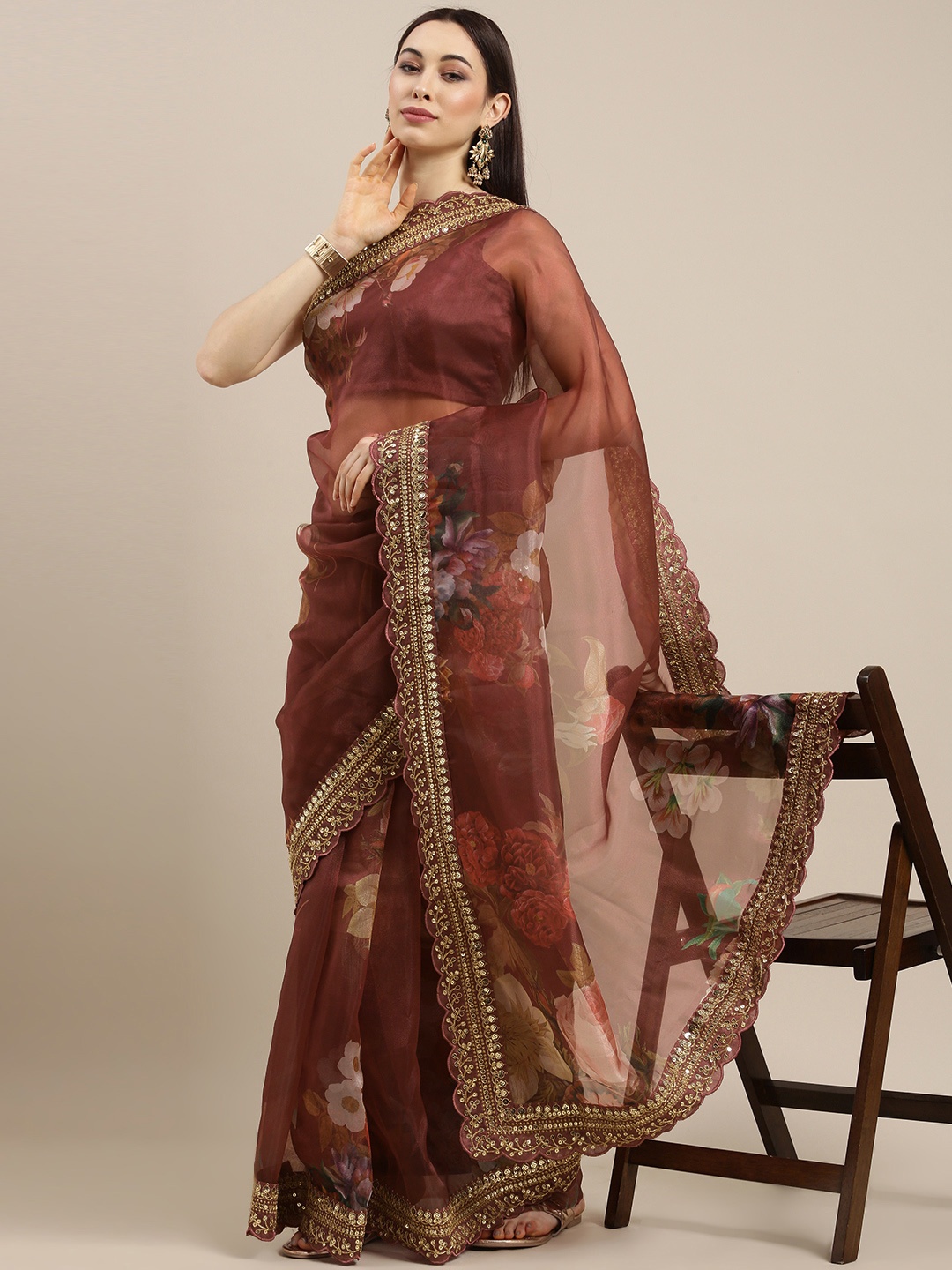 

all about you Maroon Floral Organza Tussar Saree