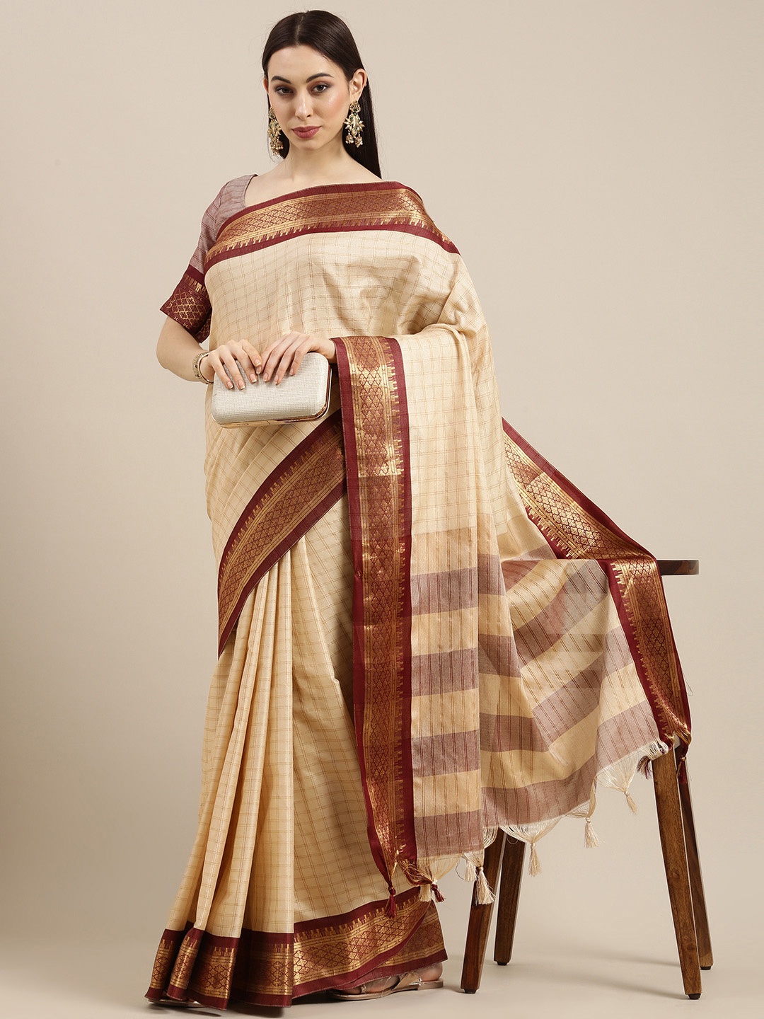 

all about you Beige & Brown Checked Zari Saree
