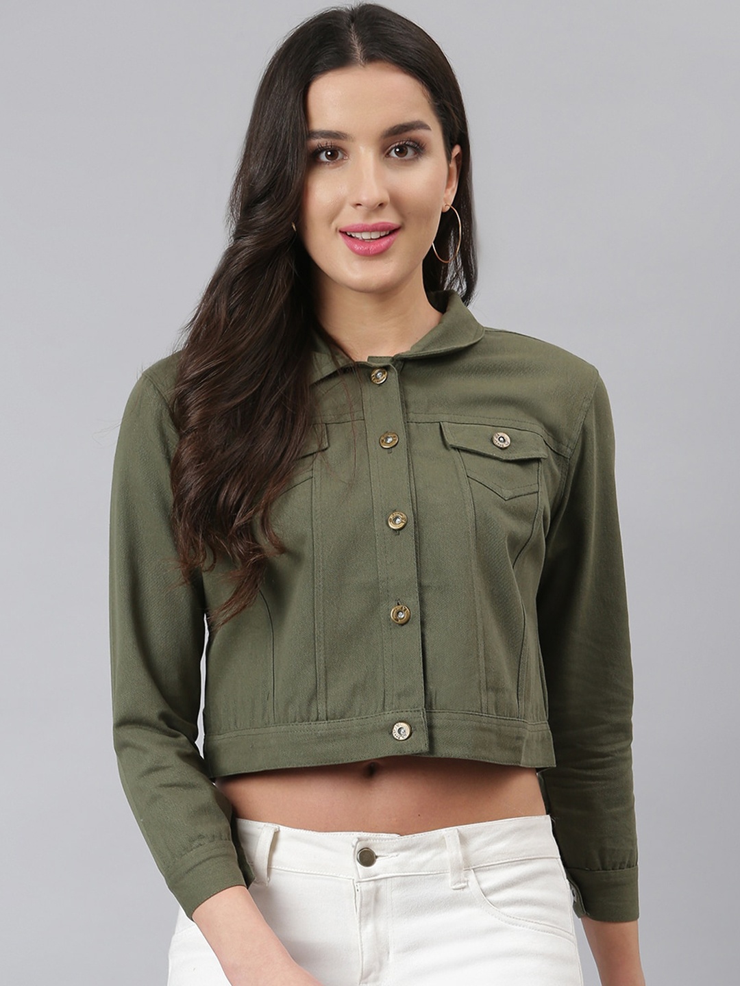 

DEEBACO Women Olive Green Crop Denim Jacket