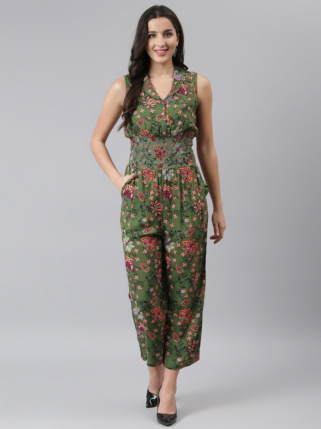 

DEEBACO Olive Green & Red Printed Culotte Jumpsuit
