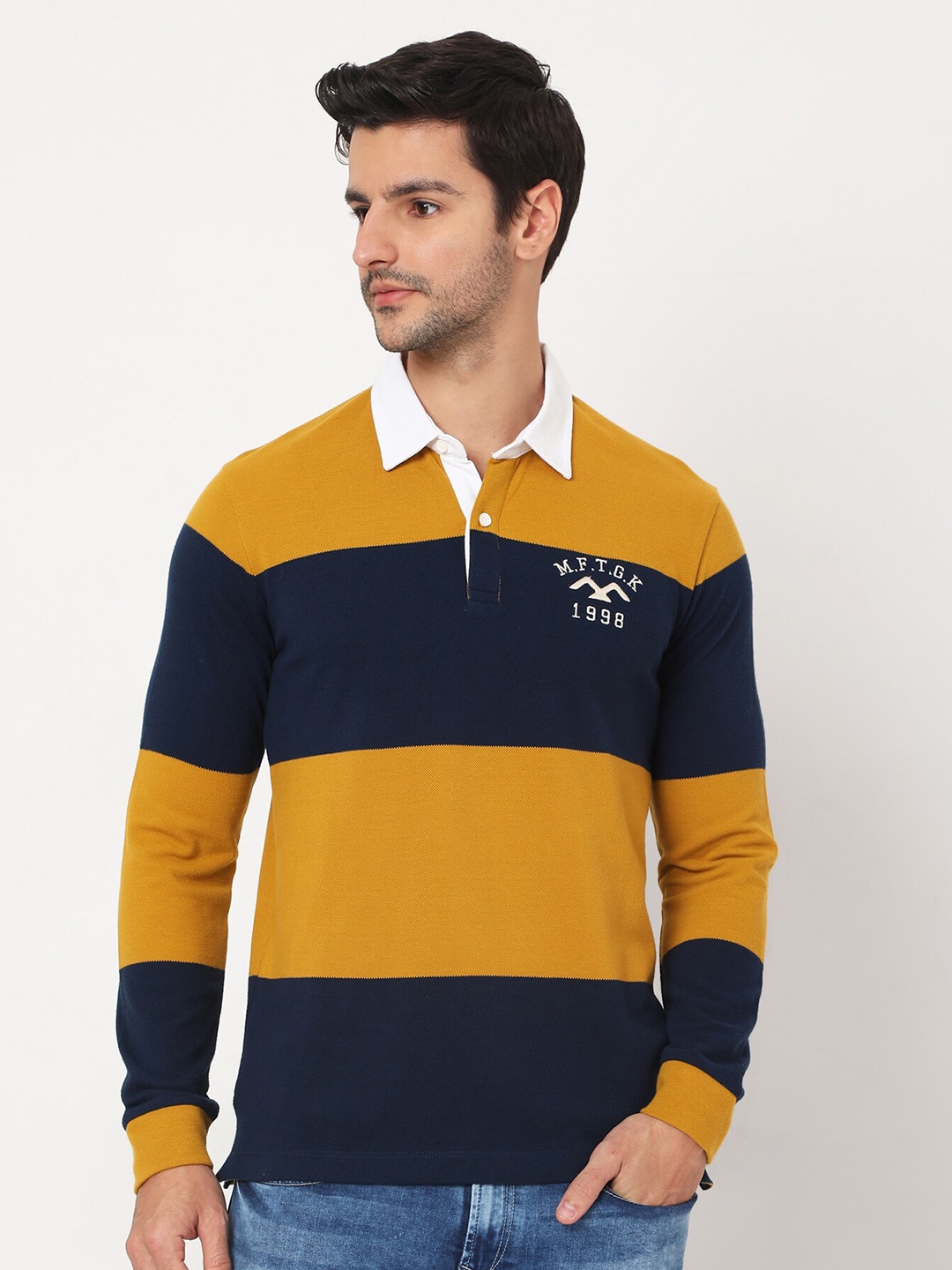 

Mufti Men Navy Blue & Mustard Colourblocked Polo Collar T-shirt